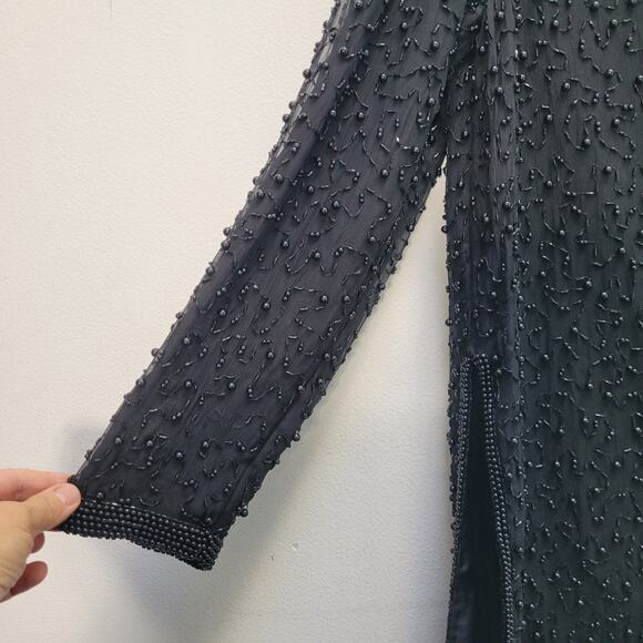 Papell Boutique Evening Black Silk Beaded Tunic Long Sleeve Top Womens Large - Picture 7 of 13